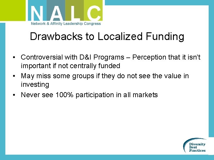 Drawbacks to Localized Funding • Controversial with D&I Programs – Perception that it isn’t