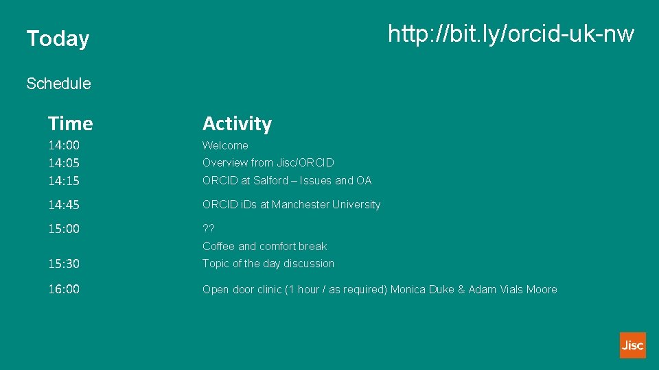 http: //bit. ly/orcid-uk-nw Today Schedule Time Activity 14: 00 14: 05 14: 15 Welcome