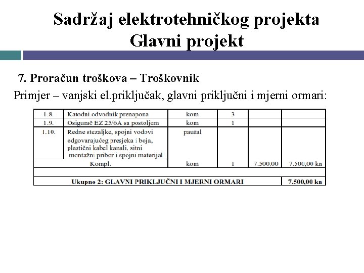 Sadržaj elektrotehničkog projekta Glavni projekt 7. Proračun troškova – Troškovnik Primjer – vanjski el.