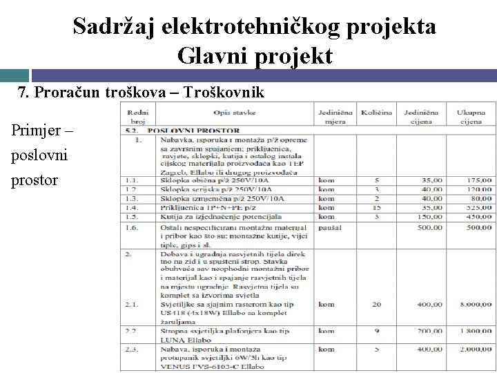 Sadržaj elektrotehničkog projekta Glavni projekt 7. Proračun troškova – Troškovnik Primjer – poslovni prostor Sadržaj elektrotehničkog projekta Glavni projekt 7. Proračun troškova – Troškovnik Primjer – poslovni prostor