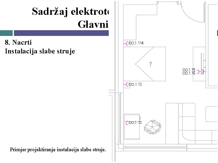 Sadržaj elektrotehničkog projekta Glavni projekt 8. Nacrti Instalacija slabe struje Primjer projektiranja instalacija slabe Sadržaj elektrotehničkog projekta Glavni projekt 8. Nacrti Instalacija slabe struje Primjer projektiranja instalacija slabe