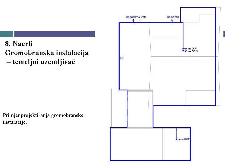 8. Nacrti Gromobranska instalacija – temeljni uzemljivač Primjer projektiranja gromobranske instalacije. 8. Nacrti Gromobranska instalacija – temeljni uzemljivač Primjer projektiranja gromobranske instalacije.