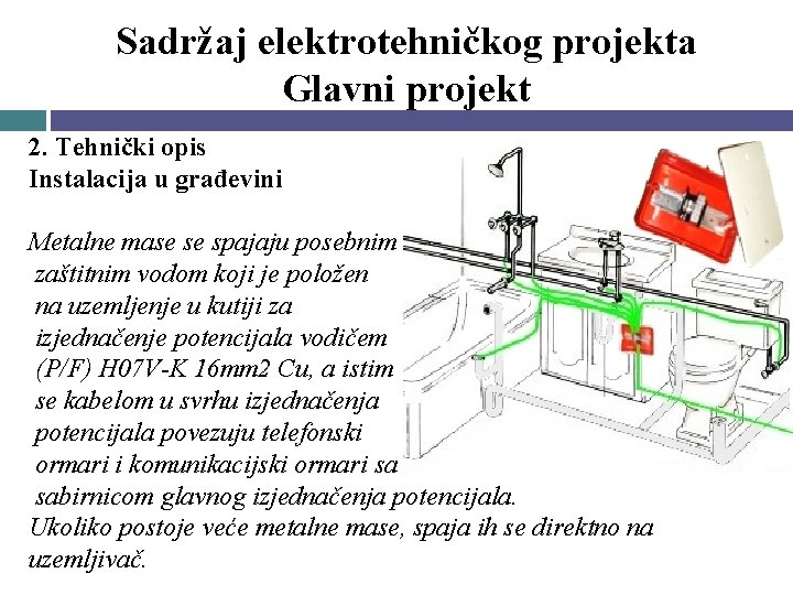 Sadržaj elektrotehničkog projekta Glavni projekt 2. Tehnički opis Instalacija u građevini Metalne mase se