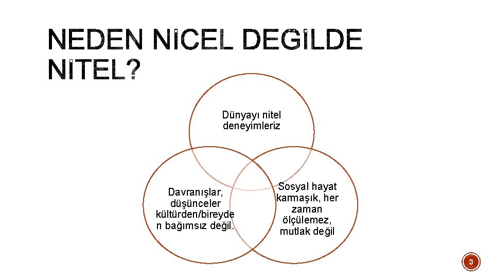 Dünyayı nitel deneyimleriz Davranışlar, düşünceler kültürden/bireyde n bağımsız değil. Sosyal hayat karmaşık, her zaman