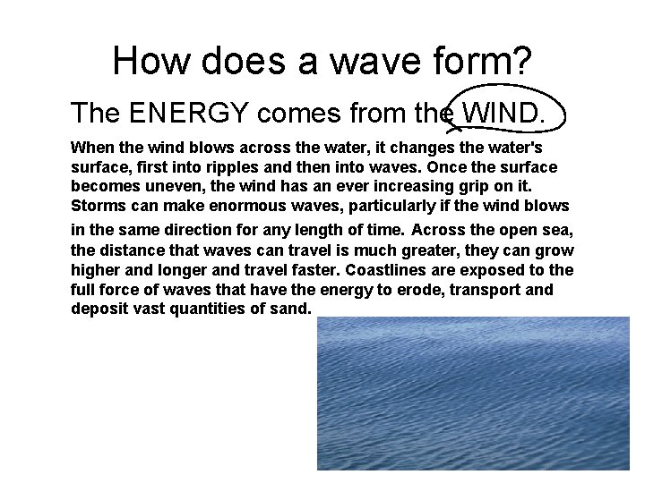 How does a wave form? The ENERGY comes from the WIND. When the wind How does a wave form? The ENERGY comes from the WIND. When the wind