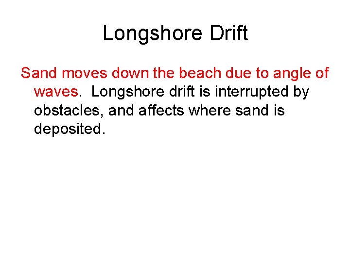 Longshore Drift Sand moves down the beach due to angle of waves. Longshore drift Longshore Drift Sand moves down the beach due to angle of waves. Longshore drift
