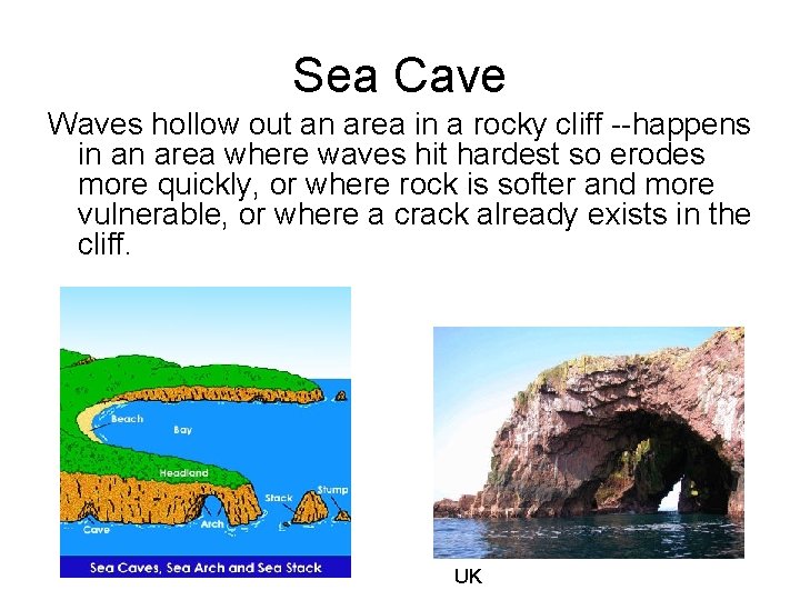 Sea Cave Waves hollow out an area in a rocky cliff --happens in an Sea Cave Waves hollow out an area in a rocky cliff --happens in an
