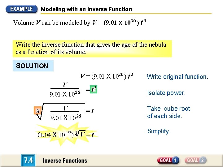Modeling with an Inverse Function Volume V can be modeled by V = (9.