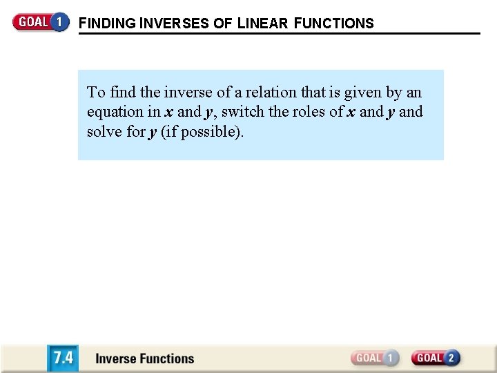 FINDING INVERSES OF LINEAR FUNCTIONS To find the inverse of a relation that is