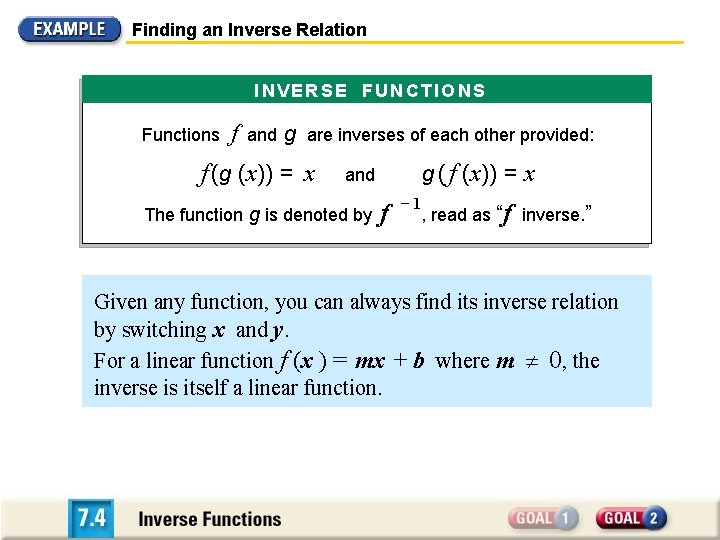 Finding an Inverse Relation INVERSE FUNCTIONS Functions f and g are inverses of each