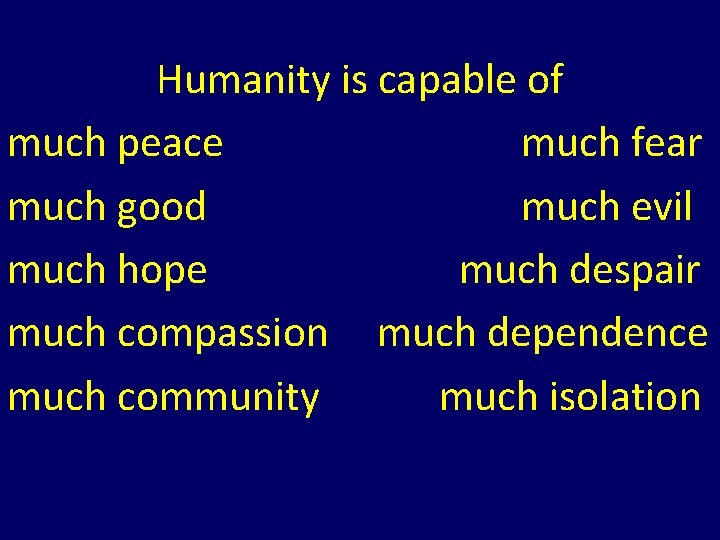 Humanity is capable of much peace much fear much good much evil much hope Humanity is capable of much peace much fear much good much evil much hope