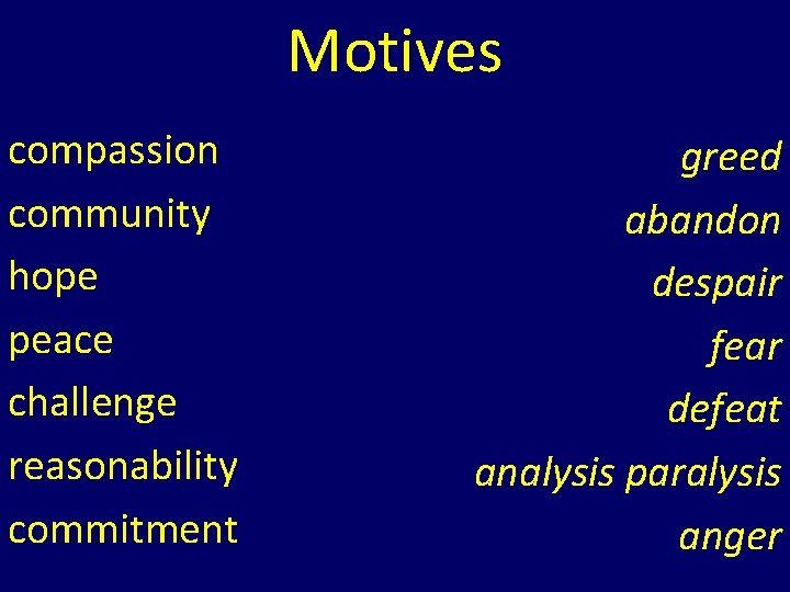 Motives compassion community hope peace challenge reasonability commitment greed abandon despair fear defeat analysis Motives compassion community hope peace challenge reasonability commitment greed abandon despair fear defeat analysis