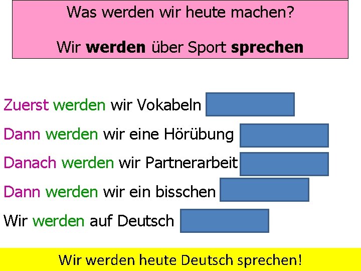 Was werden wir heute machen? Wir werden über Sport sprechen Zuerst werden wir Vokabeln