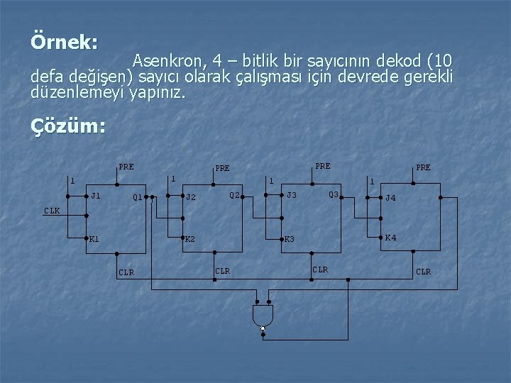 Örnek: Asenkron, 4 – bitlik bir sayıcının dekod (10 defa değişen) sayıcı olarak çalışması