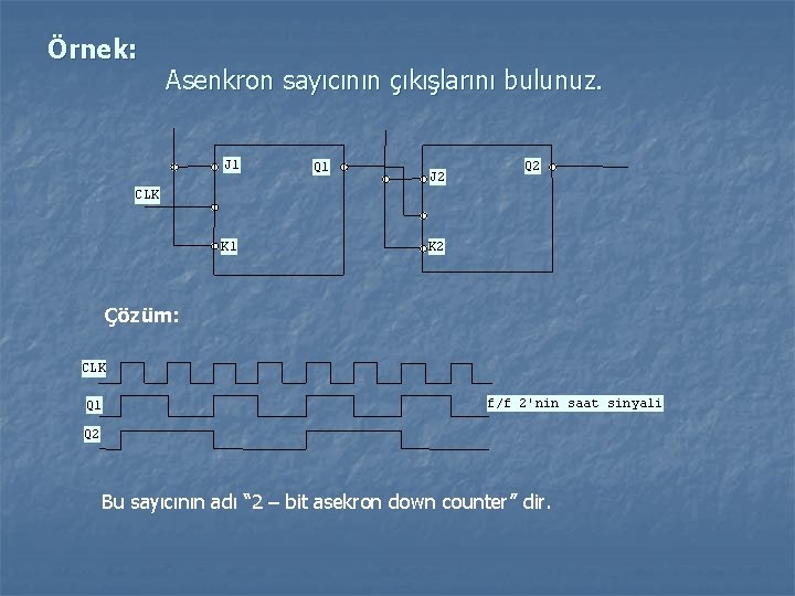 Örnek: Asenkron sayıcının çıkışlarını bulunuz. J 1 Q 1 J 2 Q 2 CLK