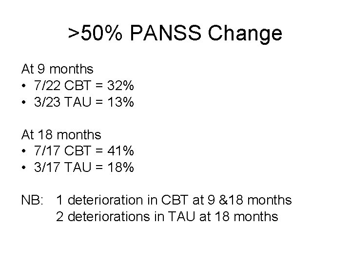 >50% PANSS Change At 9 months • 7/22 CBT = 32% • 3/23 TAU