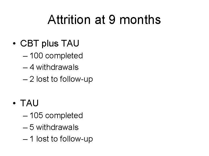 Attrition at 9 months • CBT plus TAU – 100 completed – 4 withdrawals