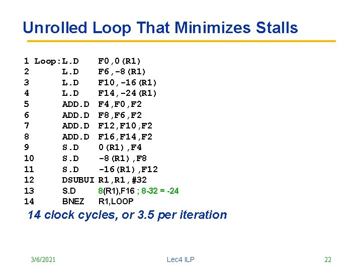 Unrolled Loop That Minimizes Stalls 1 Loop: L. D 2 L. D 3 L.