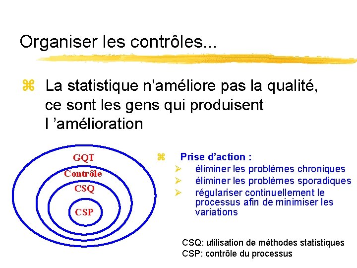 Organiser les contrôles. . . z La statistique n’améliore pas la qualité, ce sont