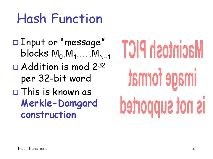 Hash Function q Input or “message” blocks M 0, M 1, …, MN 1