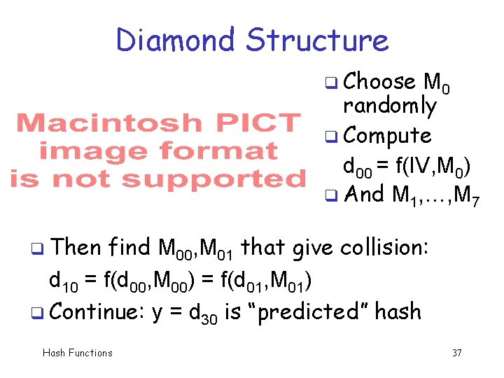 Diamond Structure q Choose M 0 randomly q Compute d 00 = f(IV, M