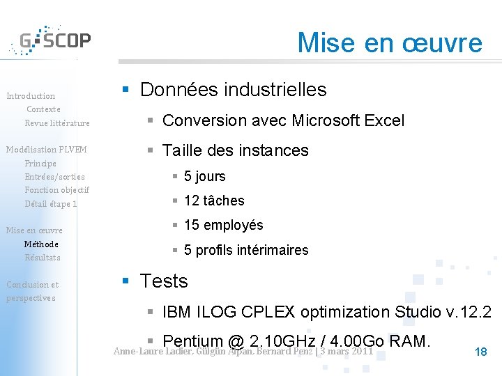 Mise en œuvre Introduction Contexte Revue littérature Modélisation PLVEM Principe Entrées/sorties Fonction objectif Détail