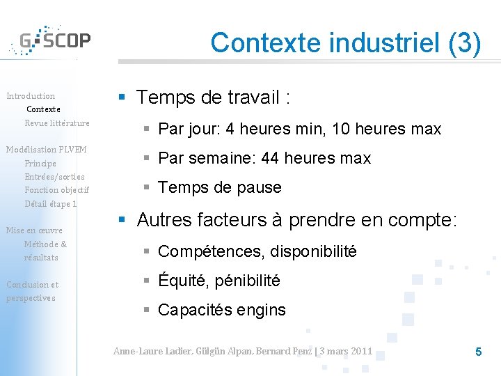 Contexte industriel (3) Introduction Contexte Revue littérature Modélisation PLVEM Principe Entrées/sorties Fonction objectif Détail