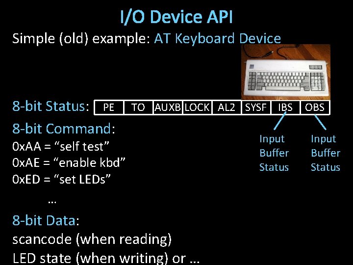 I/O Device API Simple (old) example: AT Keyboard Device 8 -bit Status: PE 8