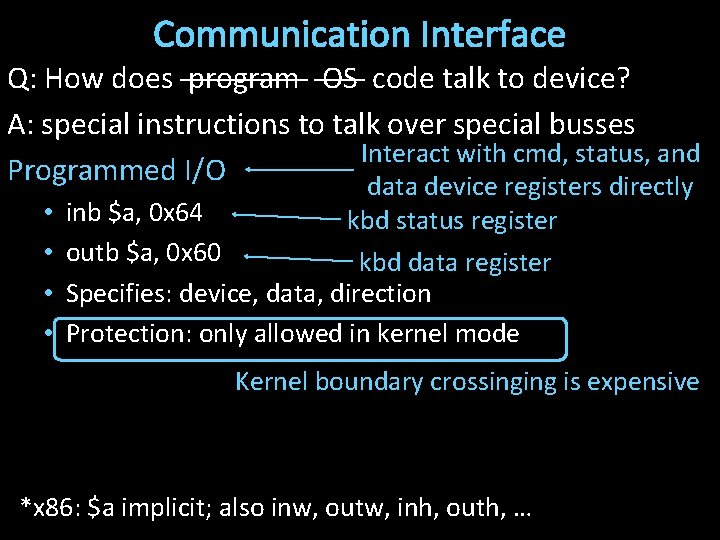 Communication Interface Q: How does program OS code talk to device? A: special instructions