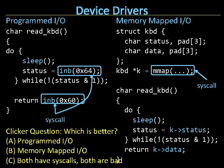 Programmed I/O Device Drivers char read_kbd() { do { sleep(); status = inb(0 x