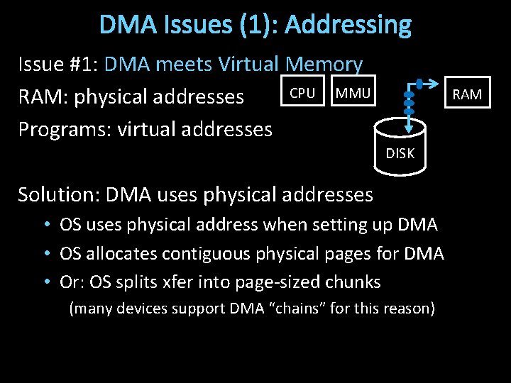 DMA Issues (1): Addressing Issue #1: DMA meets Virtual Memory CPU MMU RAM: physical