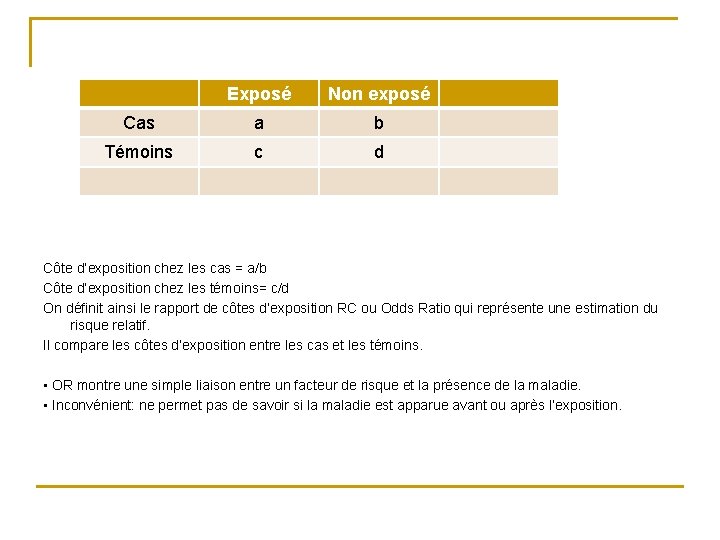 Exposé Non exposé Cas a b Témoins c d Côte d’exposition chez les cas Exposé Non exposé Cas a b Témoins c d Côte d’exposition chez les cas