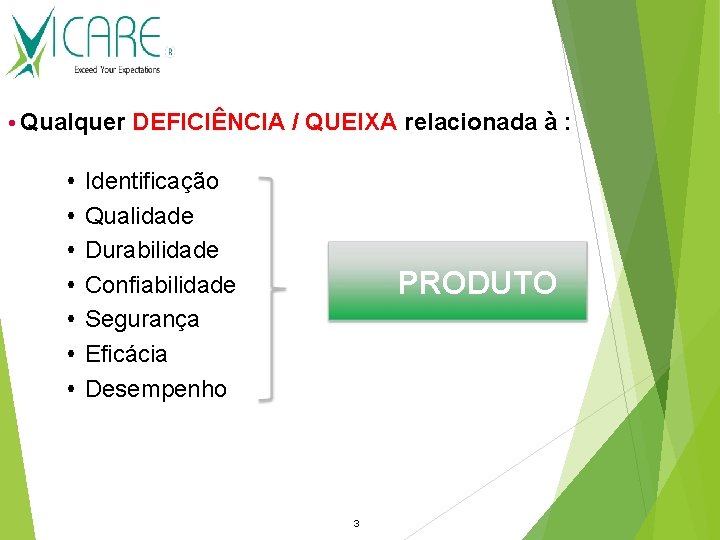 Detectando uma reclamação. . . Qualquer DEFICIÊNCIA / QUEIXA relacionada à : Identificação Qualidade