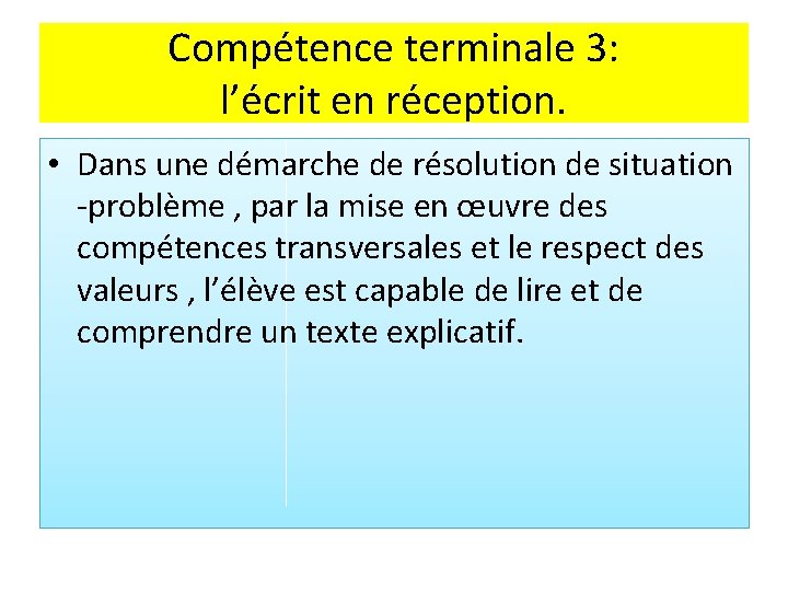 Compétence terminale 3: l’écrit en réception. • Dans une démarche de résolution de situation