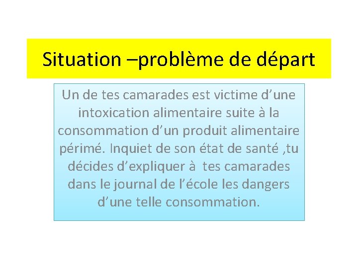 Situation –problème de départ Un de tes camarades est victime d’une intoxication alimentaire suite