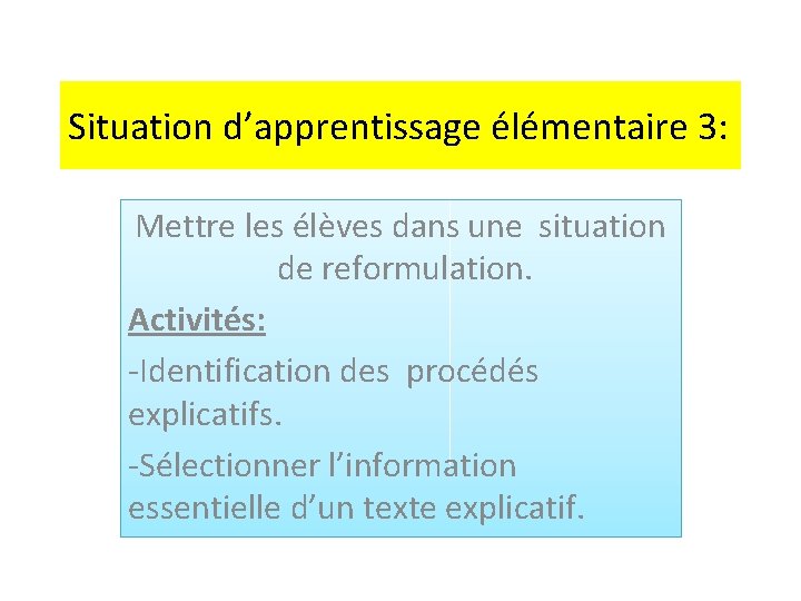 Situation d’apprentissage élémentaire 3: Mettre les élèves dans une situation de reformulation. Activités: -Identification