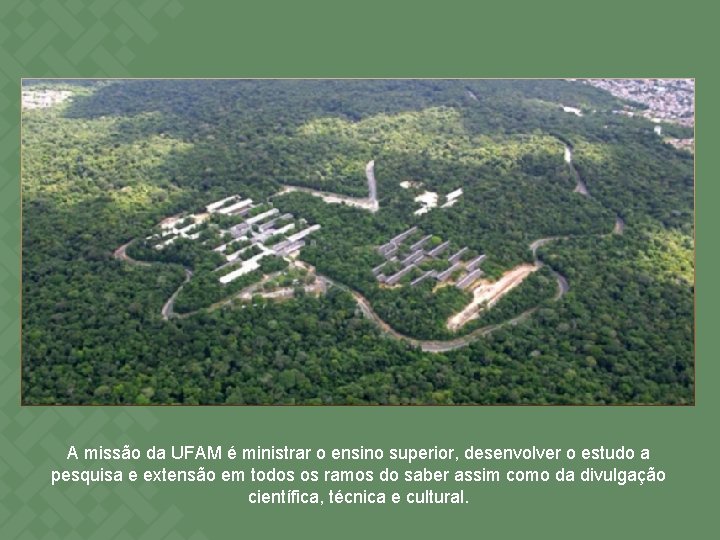 A missão da UFAM é ministrar o ensino superior, desenvolver o estudo a pesquisa A missão da UFAM é ministrar o ensino superior, desenvolver o estudo a pesquisa