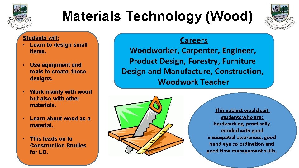 Materials Technology (Wood) Students will: • Learn to design small items. • Use equipment