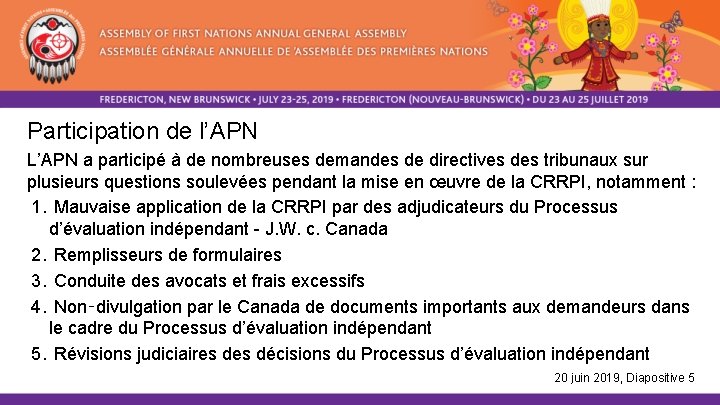 Participation de l’APN L’APN a participé à de nombreuses demandes de directives des tribunaux