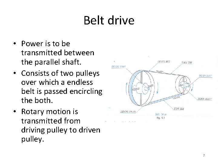 Belt drive • Power is to be transmitted between the parallel shaft. • Consists