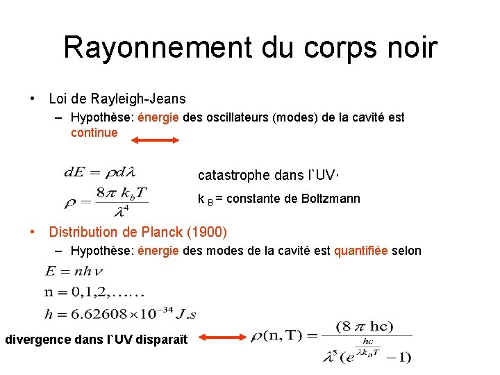 Rayonnement du corps noir • Loi de Rayleigh-Jeans – Hypothèse: énergie des oscillateurs (modes)