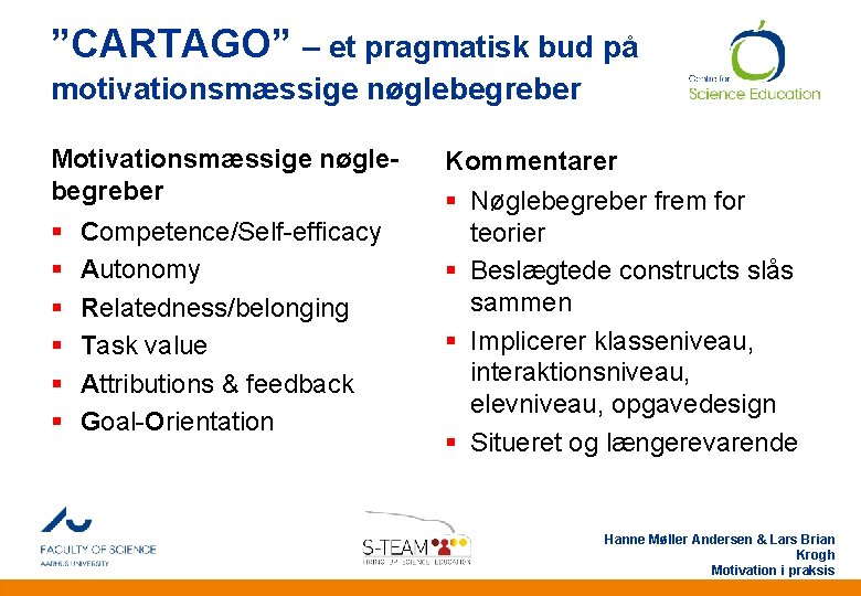 ”CARTAGO” – et pragmatisk bud på motivationsmæssige nøglebegreber Motivationsmæssige nøglebegreber § § § Competence/Self-efficacy