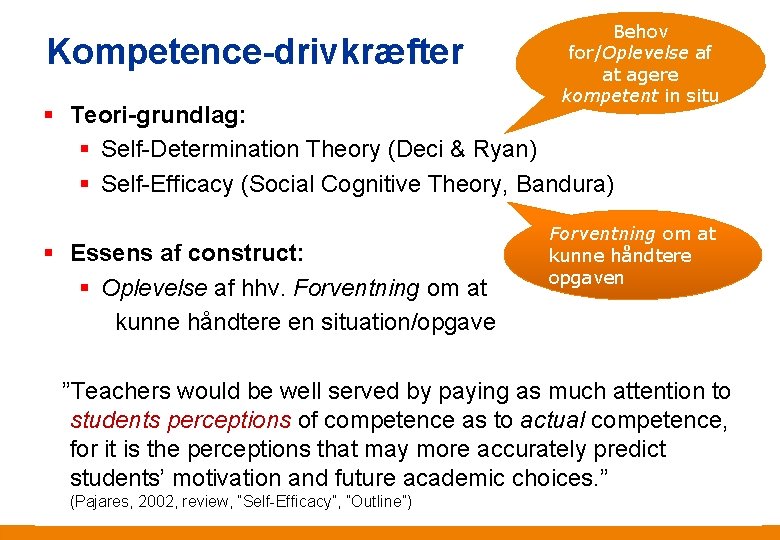 Kompetence-drivkræfter Behov for/Oplevelse af at agere kompetent in situ § Teori-grundlag: § Self-Determination Theory