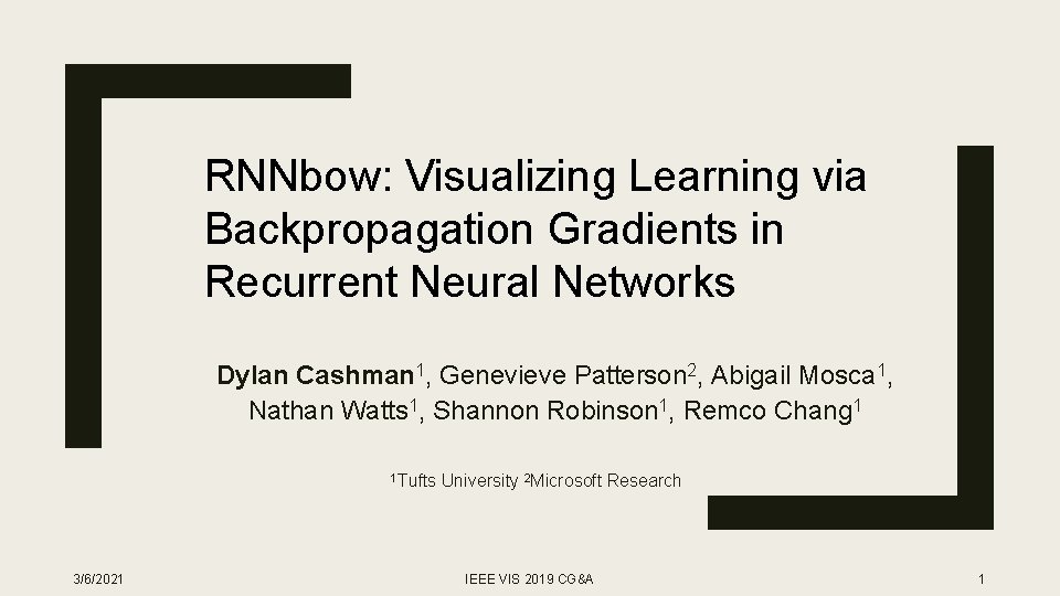 RNNbow: Visualizing Learning via Backpropagation Gradients in Recurrent Neural Networks Dylan Cashman 1, Genevieve