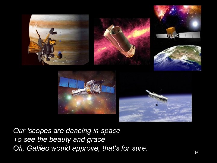 Our 'scopes are dancing in space To see the beauty and grace Oh, Galileo