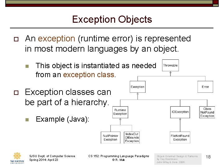 Exception Objects o An exception (runtime error) is represented in most modern languages by