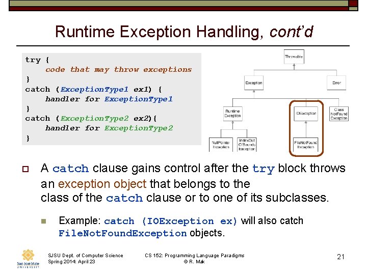 Runtime Exception Handling, cont’d try { code that may throw exceptions } catch (Exception.