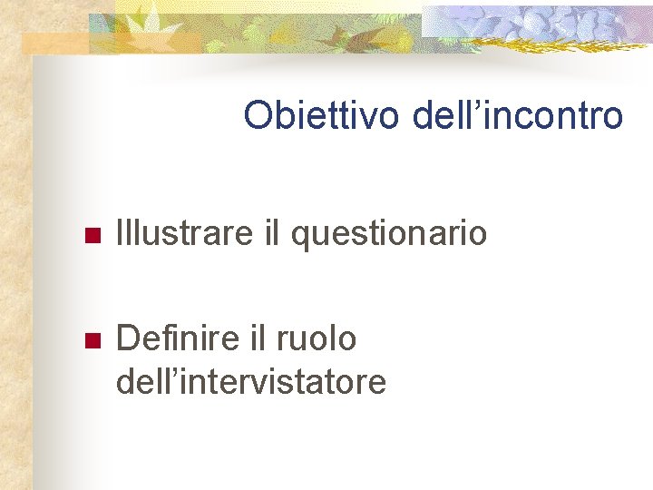 Obiettivo dell’incontro n Illustrare il questionario n Definire il ruolo dell’intervistatore 