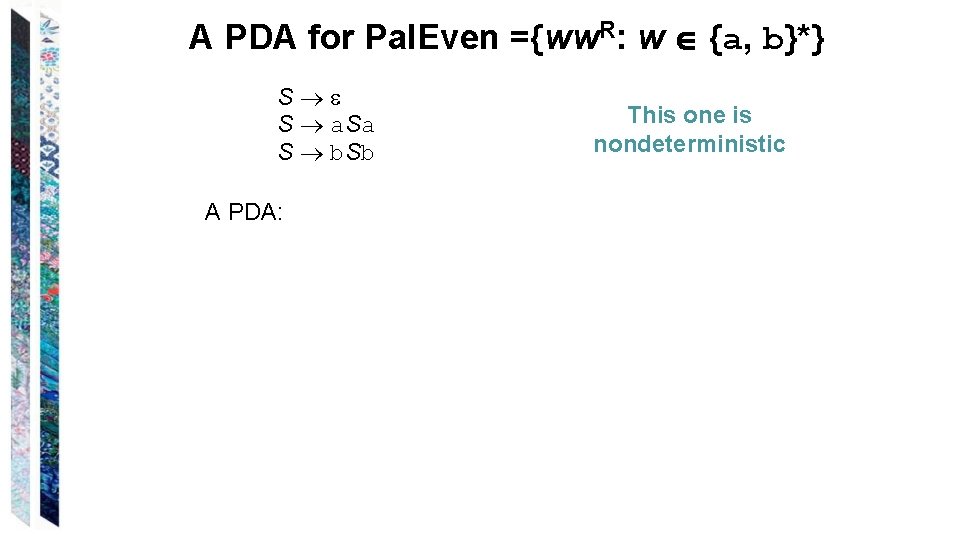 A PDA for Pal. Even ={ww. R: w {a, b}*} S S a. Sa