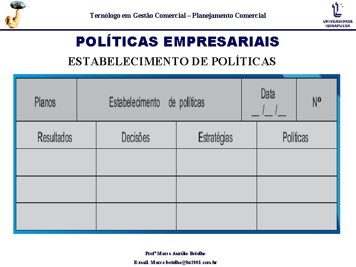Tecnólogo em Gestão Comercial – Planejamento Comercial POLÍTICAS EMPRESARIAIS ESTABELECIMENTO DE POLÍTICAS Profª Marco